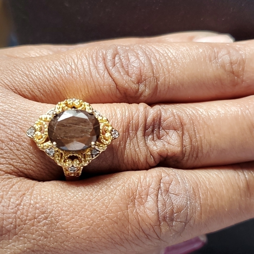 Natural Chocolate Sapphire Zircon Kite shaped Ring in Gold Vermeil